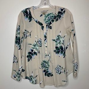 LOFT Petites Outlet Blouse Cream & Green Floral Scoop Neck Pintuck Pleats XSP